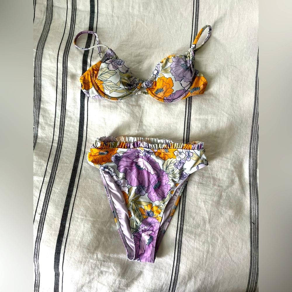 Cupshe Purple Floral Bikini Set High Waisted Push Up Cheeky